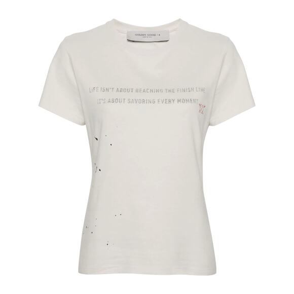 GOLDEN GOOSE Aged White Cotton Tee with Print & Embroidery M - Picture 1 of 10